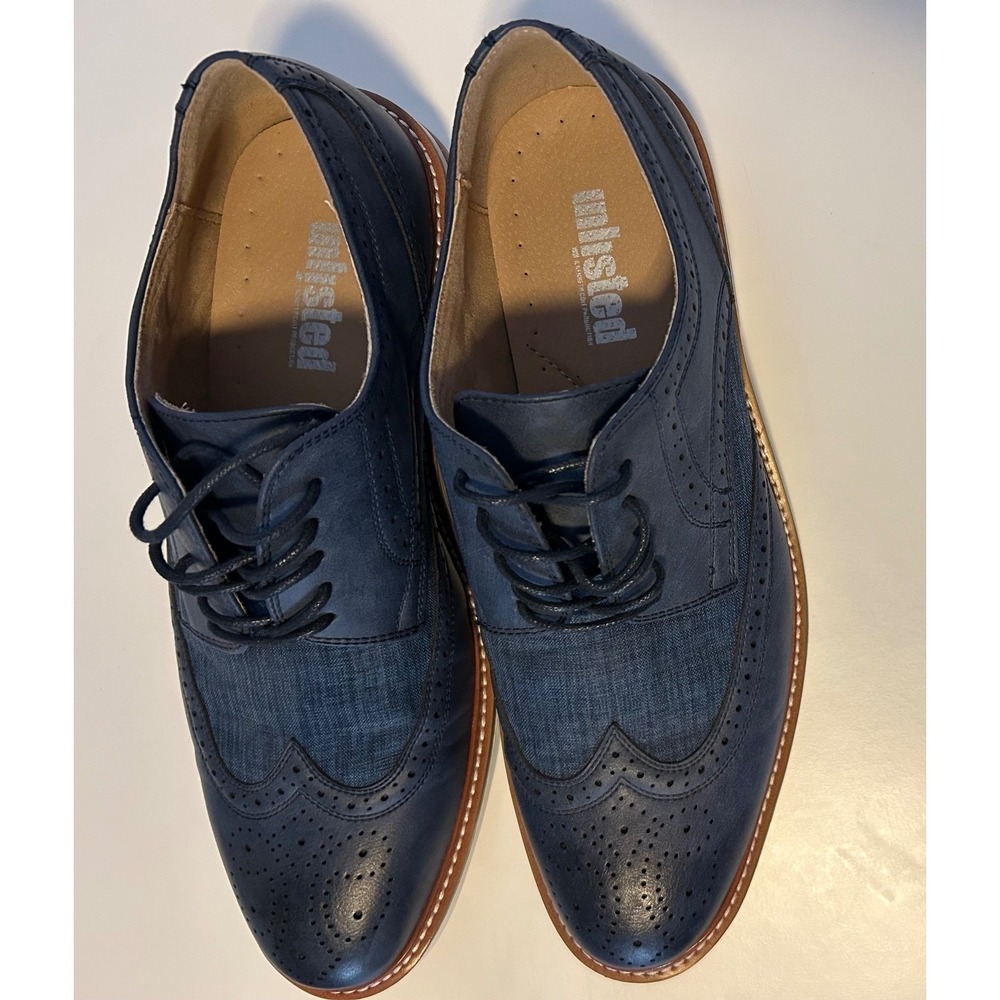 Unlisted Kenneth Cole Mens Navy Blue Wingtip Oxford Mixed Media Dress Shoes S 10 - Picture 9 of 11